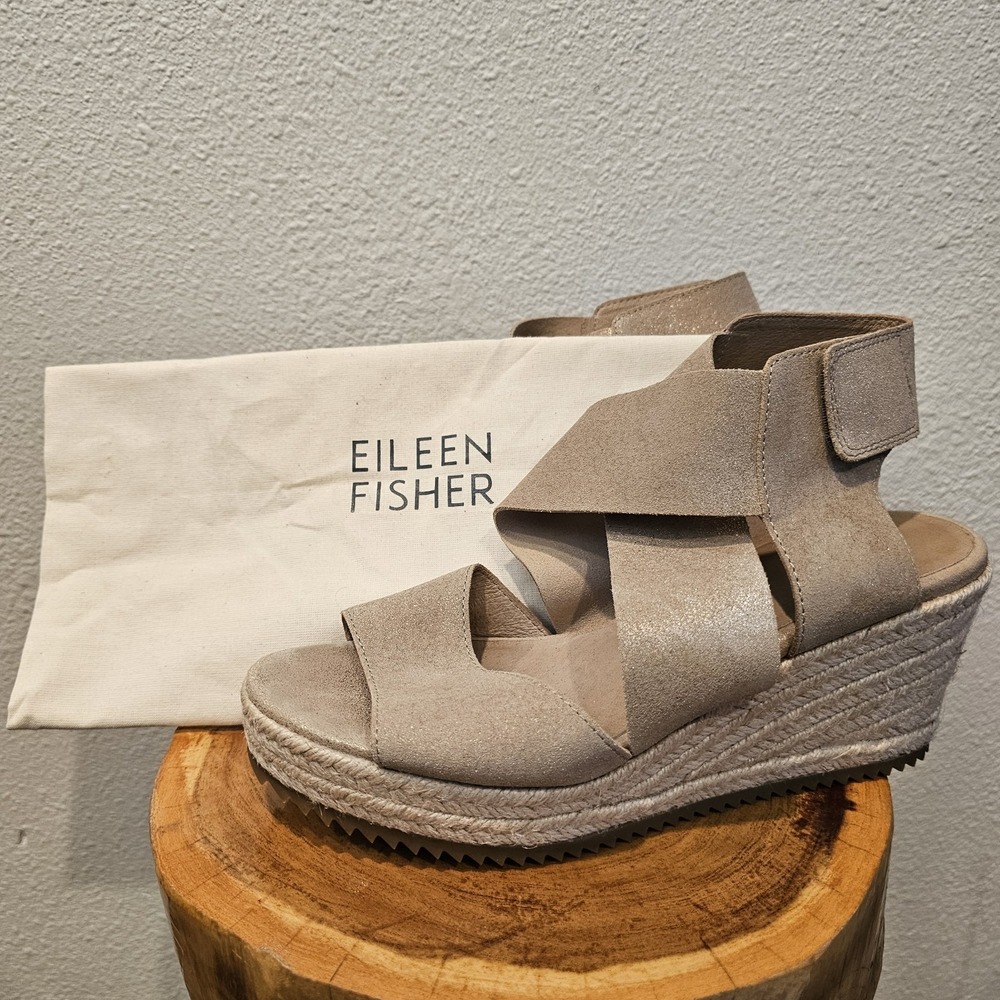 Eileen Fisher Willow Espadrille Champagne Shimmer Wedge Heel READ Size 7.5